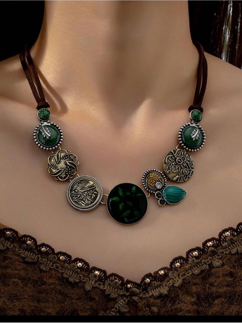 Green Mixed-Medal Statement Necklace with Cord